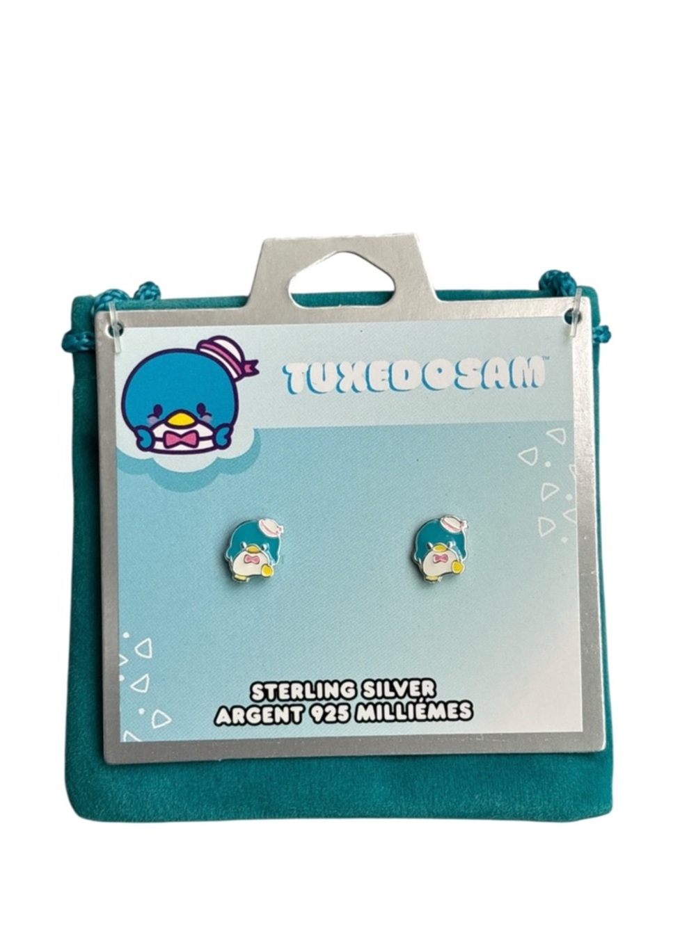 NWT Sanrio Tuxedo Sam Sterling Silver Stud Earrings with Pouch.